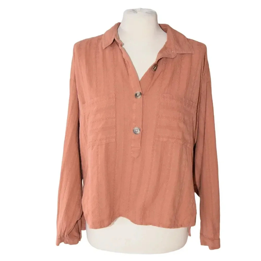 LOFT Terracota Embroidered Boho Long Sleeve Buttoned Blouse Gauzy M